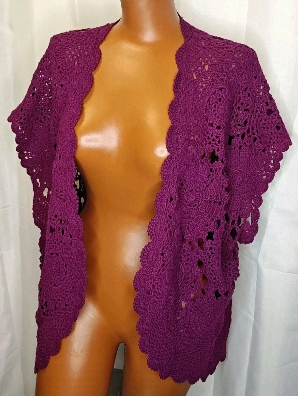 Denim 24/7 Crochet Topper Cardigan Purple Loose Knit Short Sleeve Cottage 18/20W